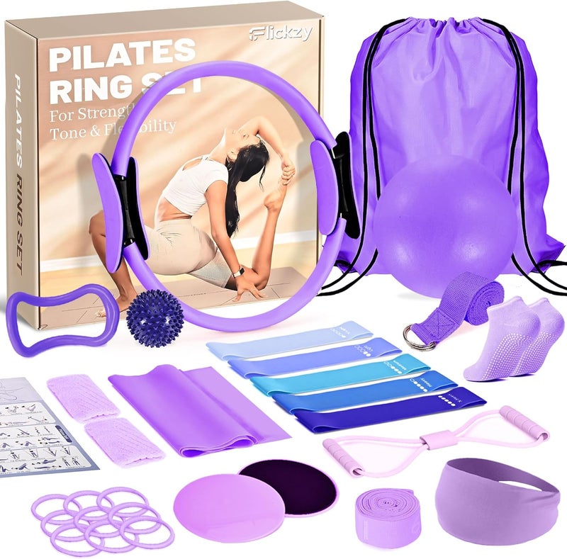 FLICKZY Pilates Ring Set for Women, Magic Circle Pilates Rings 12" with Resistance Bands, Pilates Kit for Home Workouts, Pilates Equipment for Strength, Toning and Flexibility - Image 1